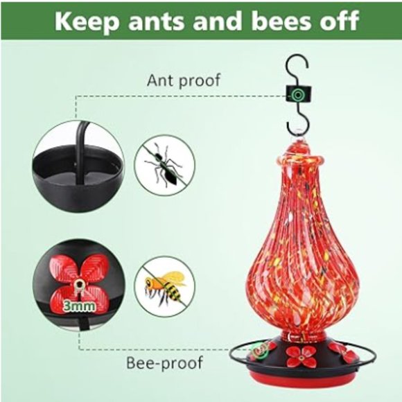 28 oz - Hand Blown Glass Hummingbird Feeder for Outdoors - Picture 4 of 8